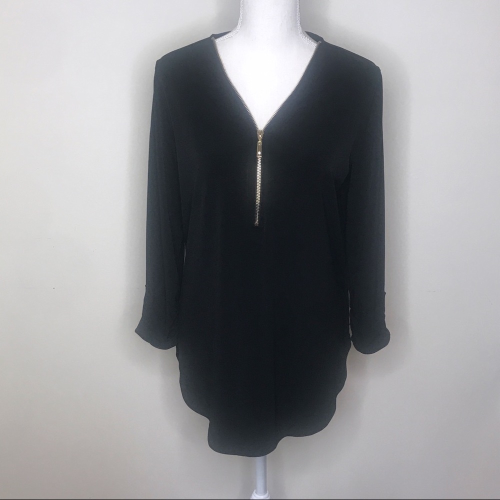 JM Collection | Black V Neck Gold Zipper Tunic M